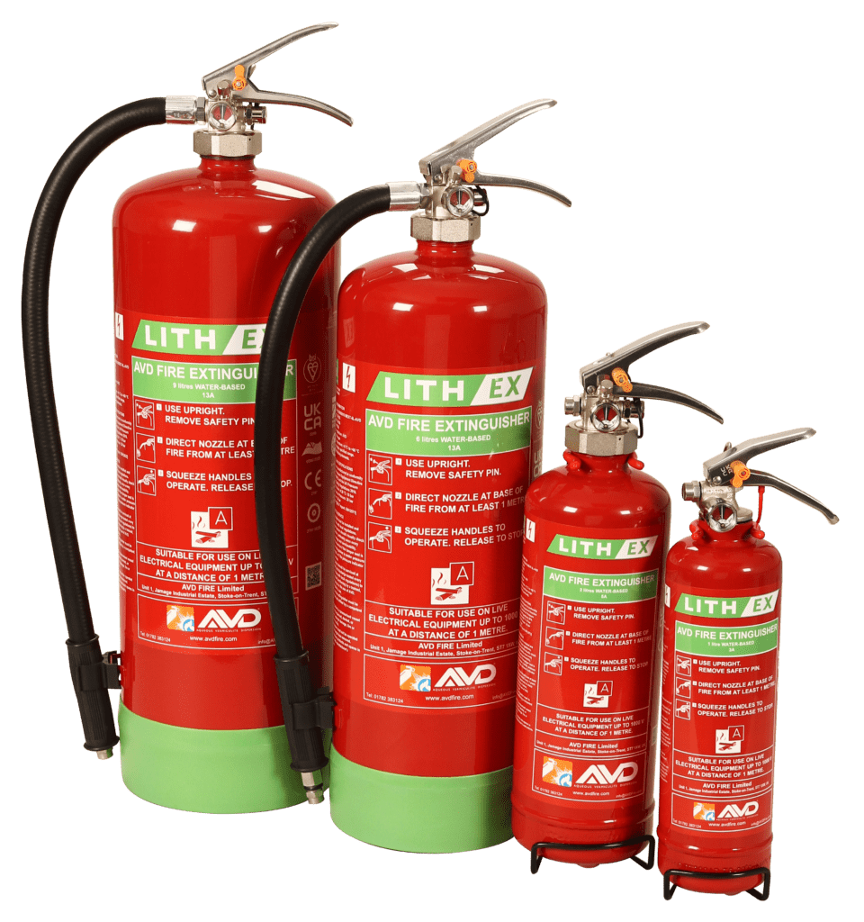 Lithium Battery Fire Extinguishers group picture of 1l, 2l, 6l and 9l extinguishers