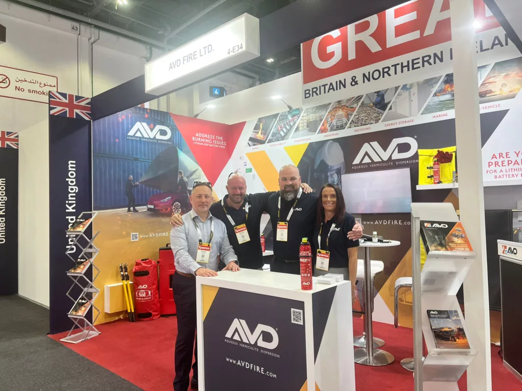 AVD Fire showcasing DIN Spec EV fire blanket and certified lithium-ion fire extinguishers at Intersec Dubai