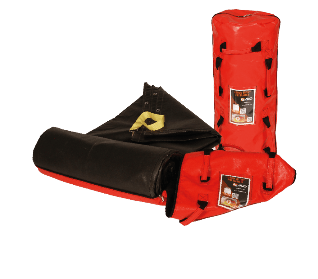 Folded AVD fire blanket with branded carry bag and product labe